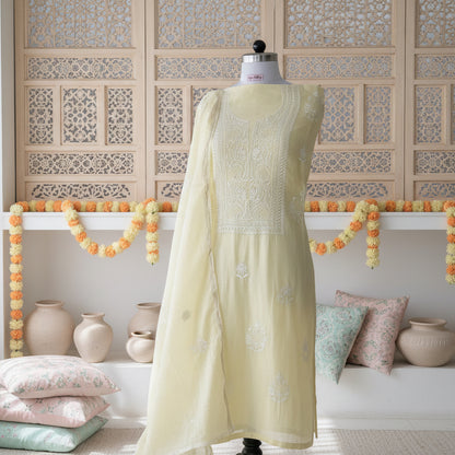 Butter Yellow Chikankari Suit Set | Mul Chanderi Fabric