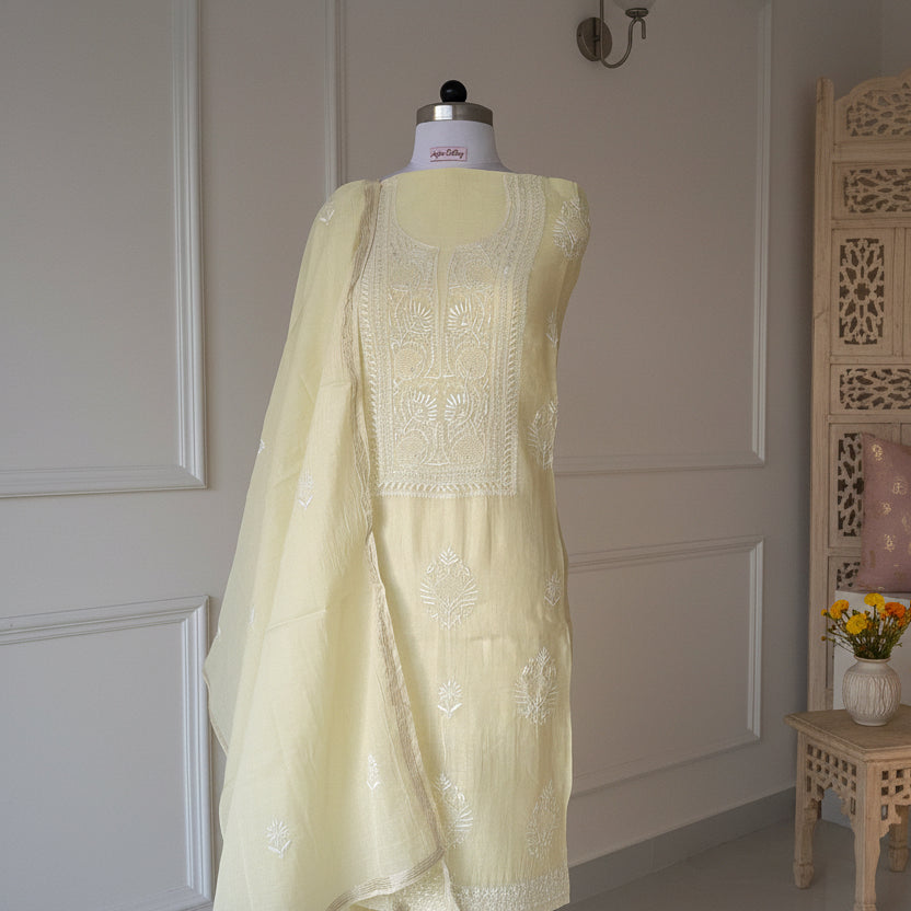 Butter Yellow Chikankari Suit Set | Mul Chanderi Fabric