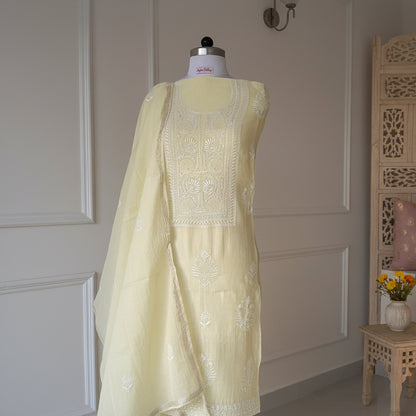 Butter Yellow Chikankari Suit Set | Mul Chanderi Fabric