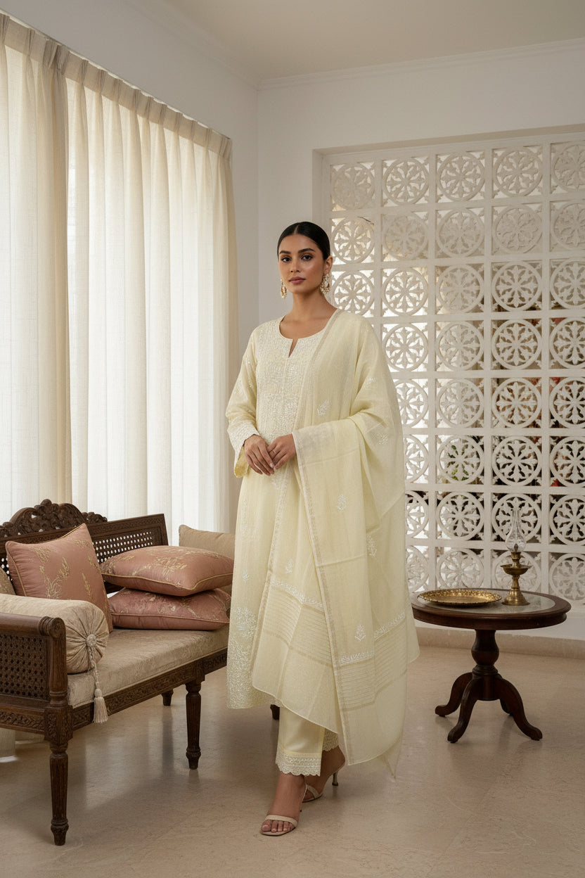Butter Yellow Chikankari Suit Set | Mul Chanderi Fabric