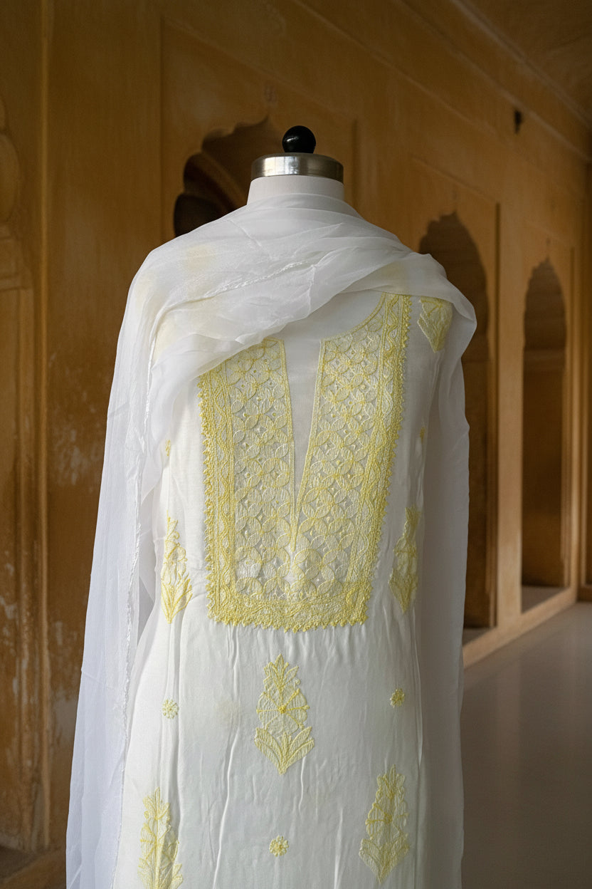 White Chikankari Suit Set | Muslin Fabric