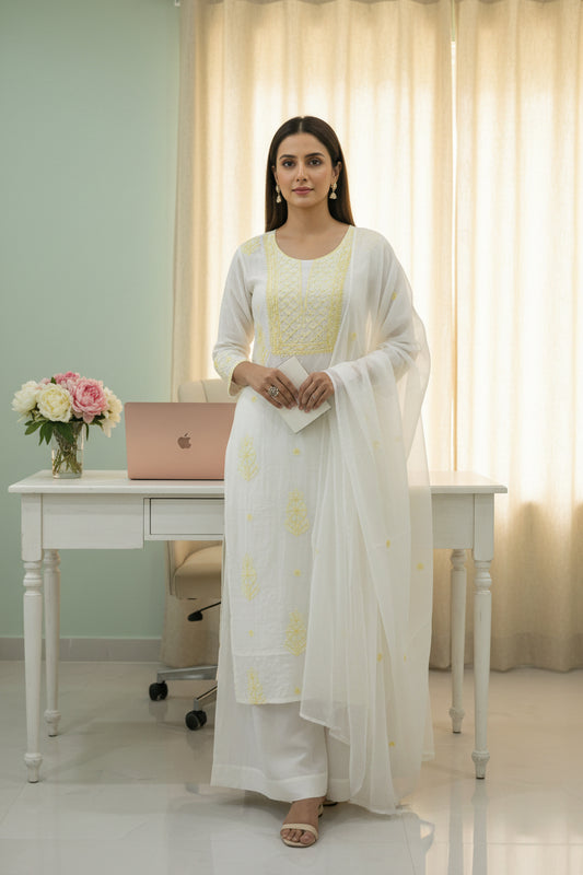 White Chikankari Suit Set | Muslin Fabric