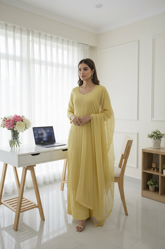 Yellow Chikankari Suit Set | Muslin Fabric
