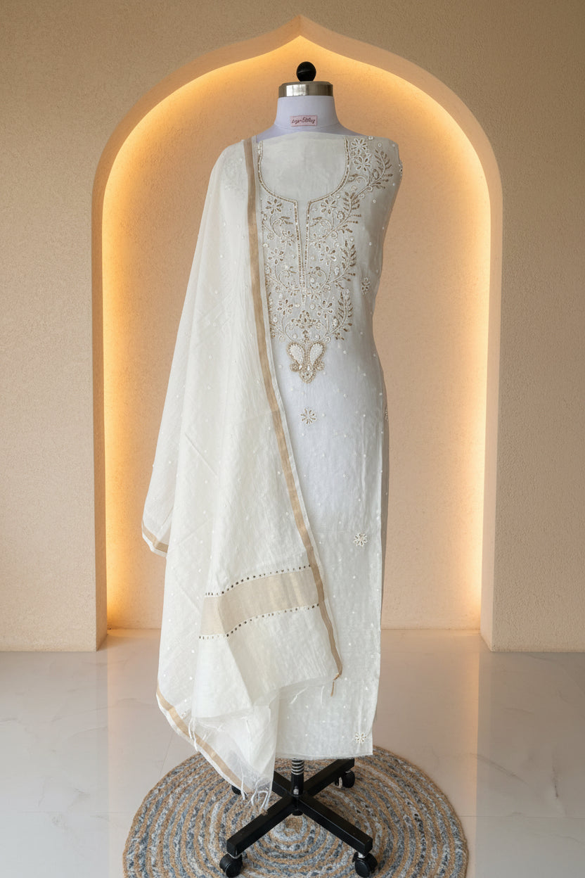 White Badla Chikankari Suit | Mul Chanderi Fabric