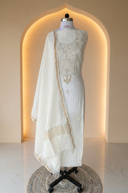 White Badla Chikankari Suit | Mul Chanderi Fabric