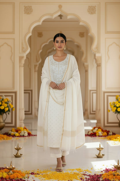 White Badla Chikankari Suit | Mul Chanderi Fabric