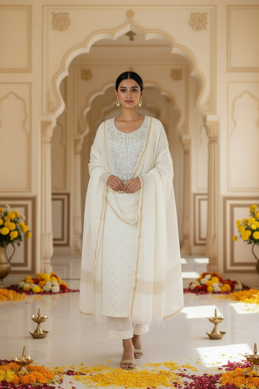White Badla Chikankari Suit | Mul Chanderi Fabric