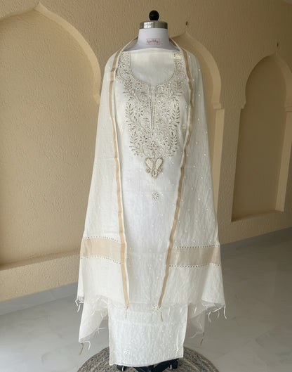 White Badla Chikankari Suit | Mul Chanderi Fabric