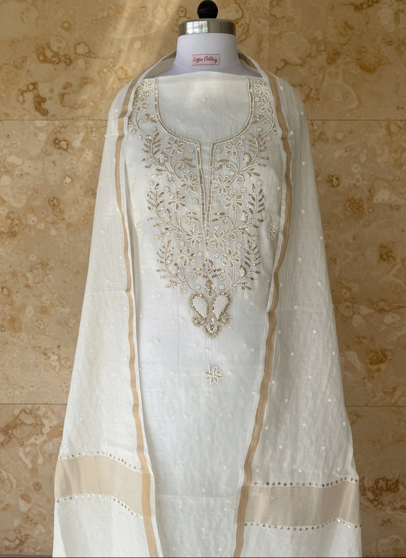 White Badla Chikankari Suit | Mul Chanderi Fabric