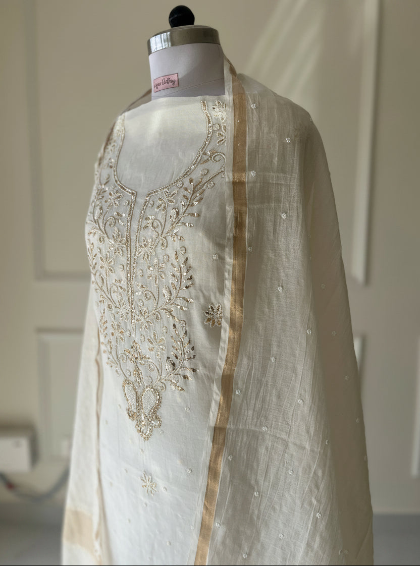 White Badla Chikankari Suit | Mul Chanderi Fabric