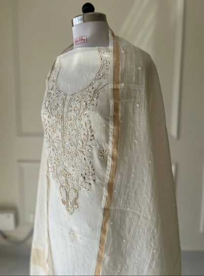 White Badla Chikankari Suit | Mul Chanderi Fabric