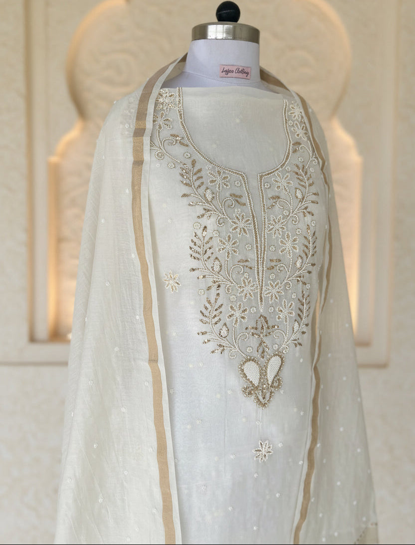 White Badla Chikankari Suit | Mul Chanderi Fabric