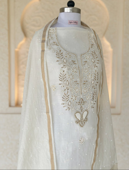 White Badla Chikankari Suit | Mul Chanderi Fabric