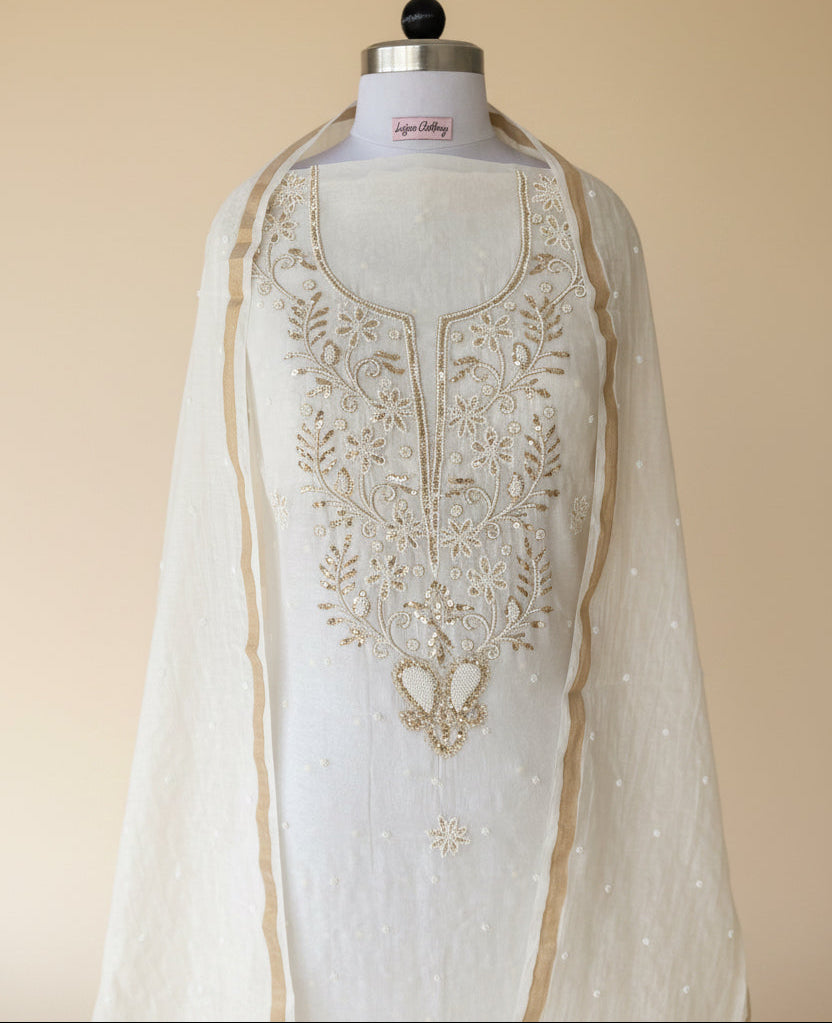 White Badla Chikankari Suit | Mul Chanderi Fabric