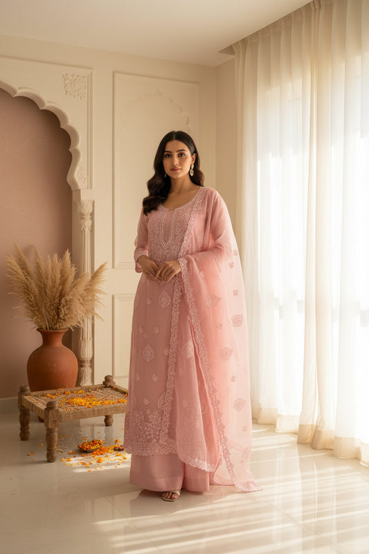 Unstitched Chikankari Suit Material – organza with Hand-embroidered chikankari bhakiya stitch in Pastel pink – Lajjaa.
