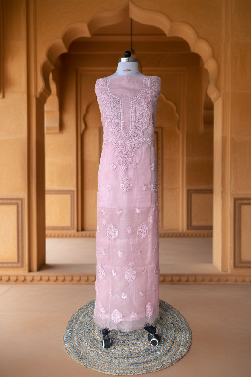 Unstitched Chikankari Suit Material – organza with Hand-embroidered chikankari bhakiya stitch in Pastel pink – Lajjaa.