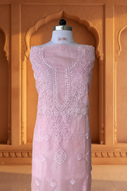 Unstitched Chikankari Suit Material – organza with Hand-embroidered chikankari bhakiya stitch in Pastel pink – Lajjaa.