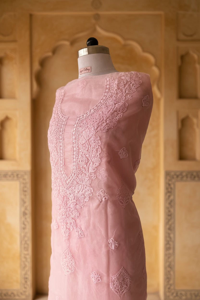 Unstitched Chikankari Suit Material – organza with Hand-embroidered chikankari bhakiya stitch in Pastel pink – Lajjaa.