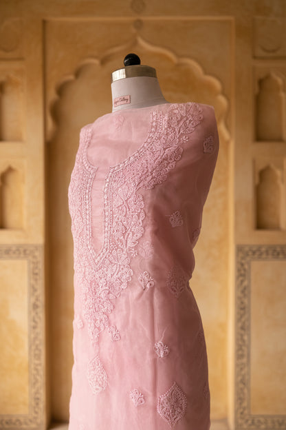 Unstitched Chikankari Suit Material – organza with Hand-embroidered chikankari bhakiya stitch in Pastel pink – Lajjaa.