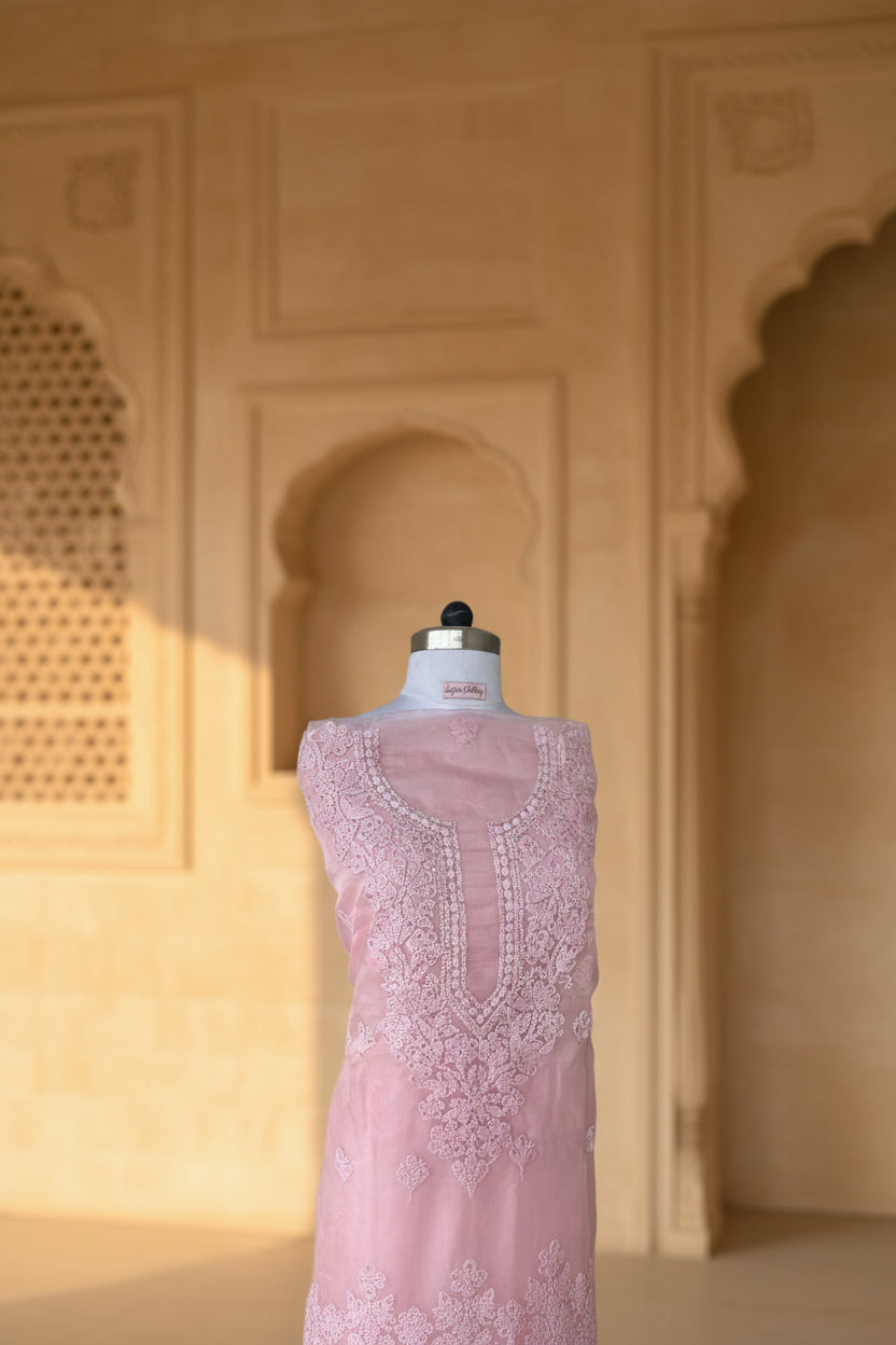 Unstitched Chikankari Suit Material – organza with Hand-embroidered chikankari bhakiya stitch in Pastel pink – Lajjaa.