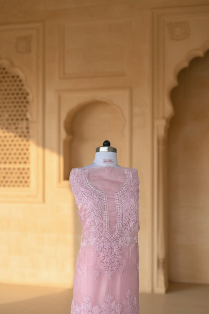 Unstitched Chikankari Suit Material – organza with Hand-embroidered chikankari bhakiya stitch in Pastel pink – Lajjaa.