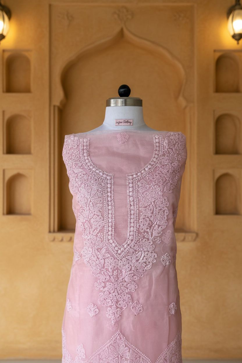 Unstitched Chikankari Suit Material – organza with Hand-embroidered chikankari bhakiya stitch in Pastel pink – Lajjaa.
