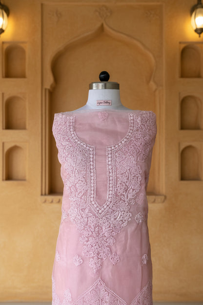 Unstitched Chikankari Suit Material – organza with Hand-embroidered chikankari bhakiya stitch in Pastel pink – Lajjaa.
