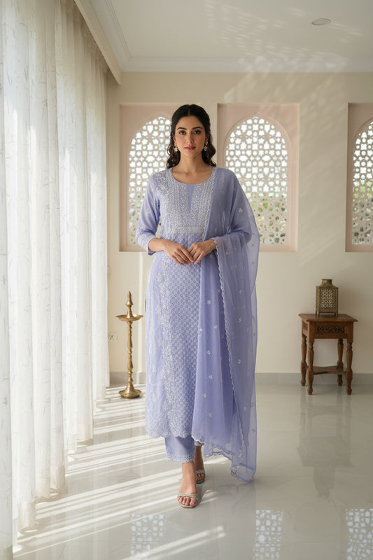 Light purple chikankari muslin three piece  suit set 