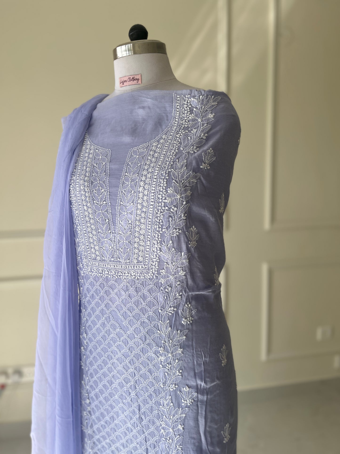 Lavender embroidery chikankari muslin kurta set 