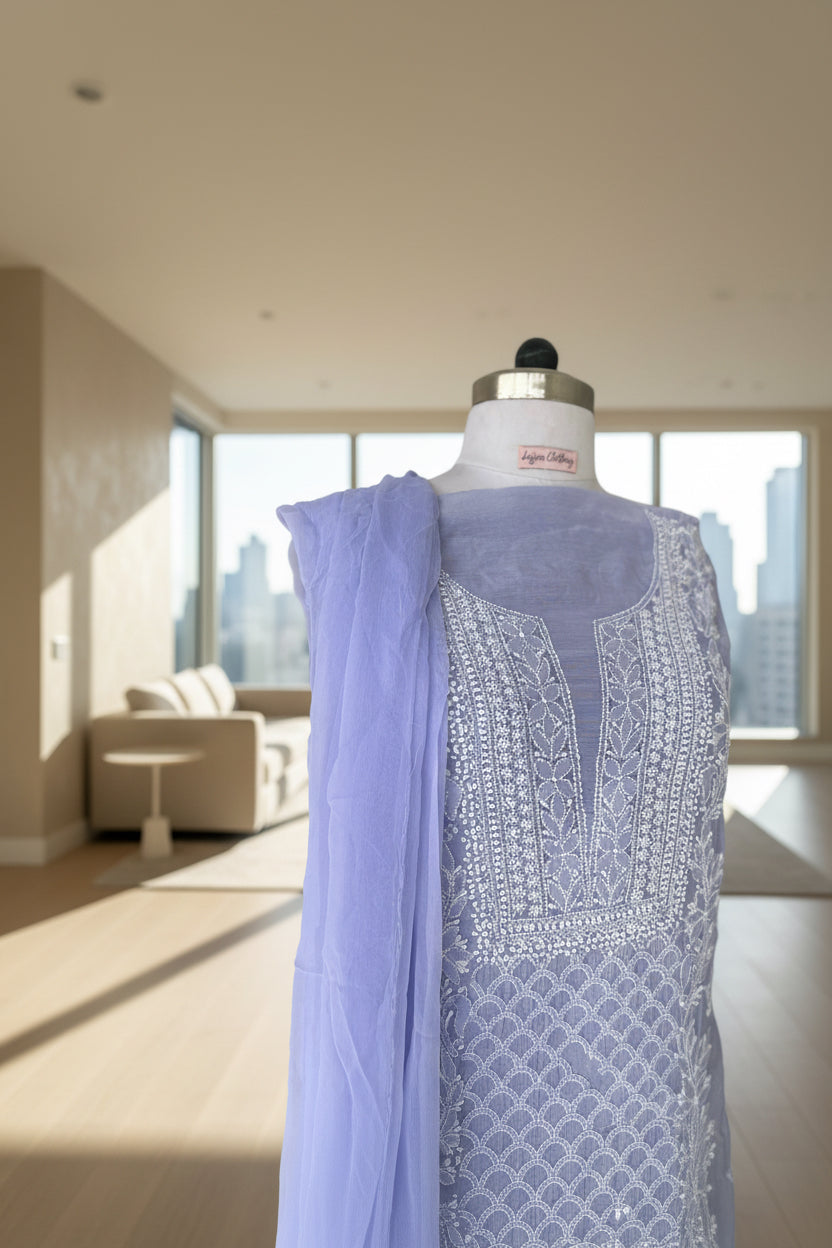 Light purple fabric with intricate white chikankari embroidery on muslin 