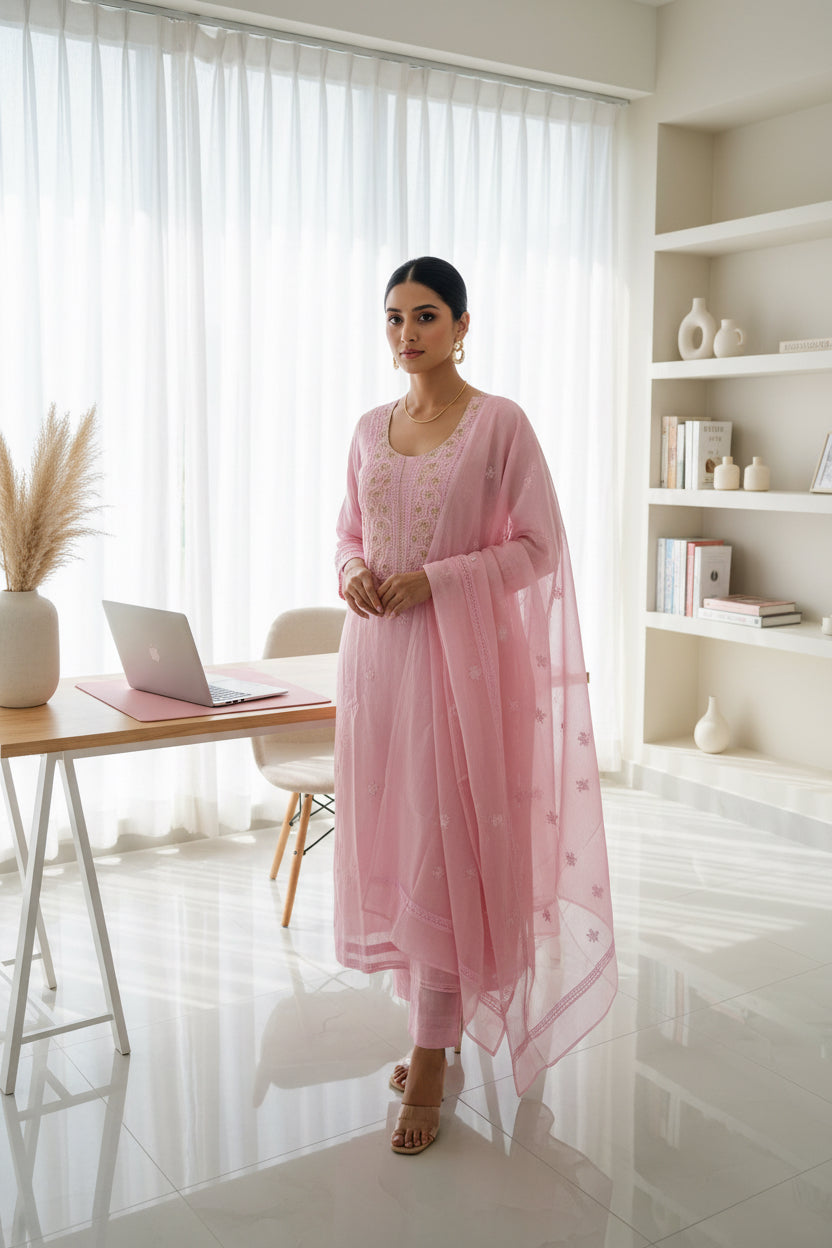 Pink embroidered dress on a mannequin against a neutral wall.