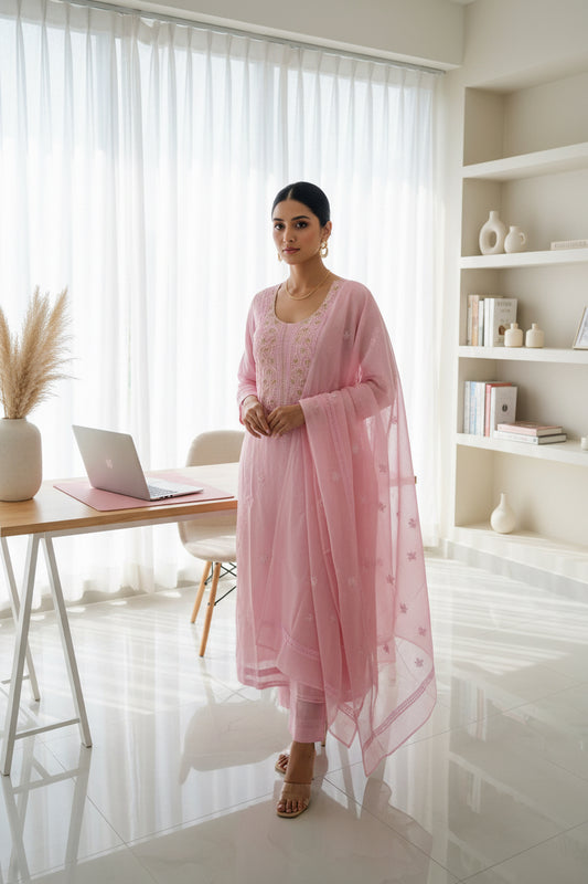 Pink embroidered dress on a mannequin against a neutral wall.