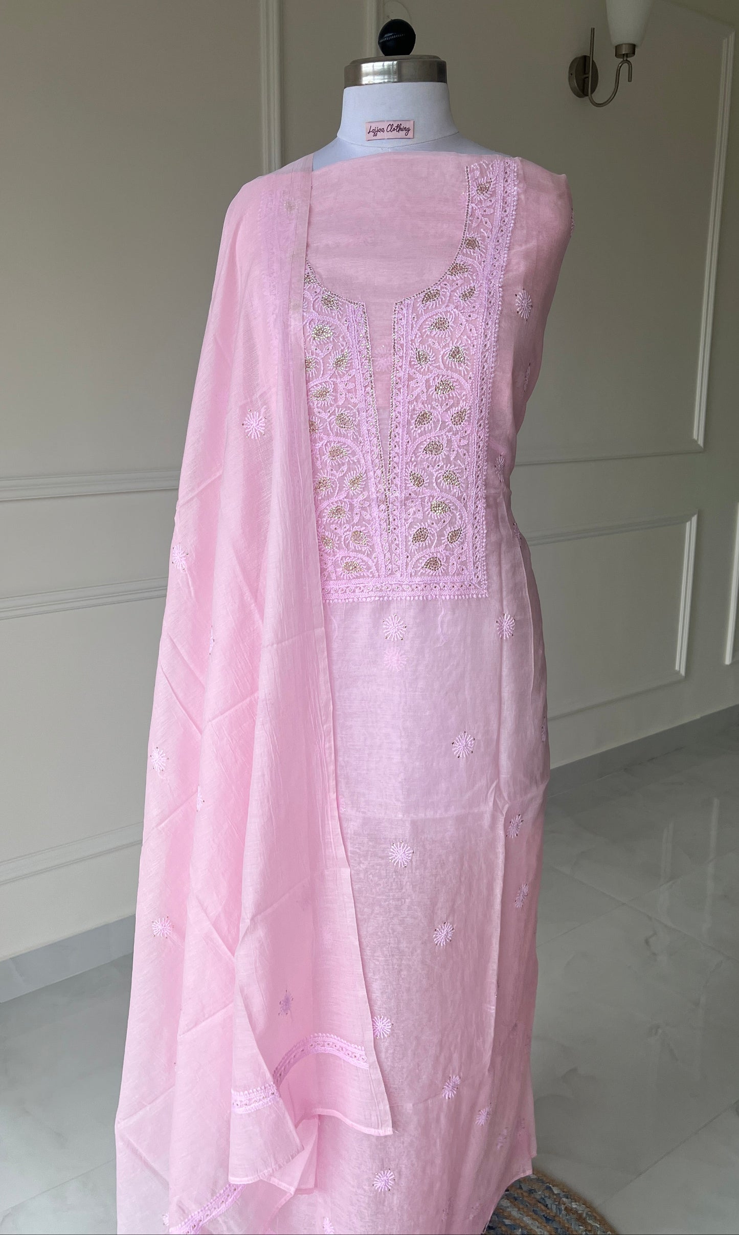 Pink Mukaish Chikankari Suit Set | Mul Chanderi Fabric