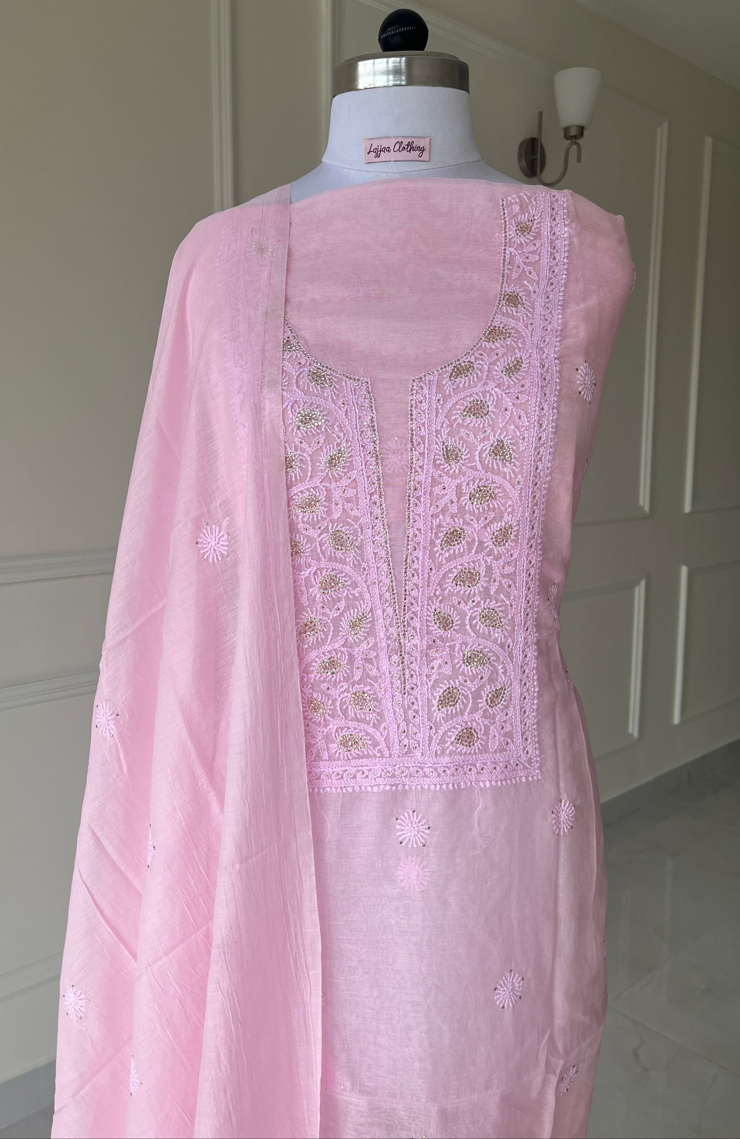 Pink Mukaish Chikankari Suit Set | Mul Chanderi Fabric
