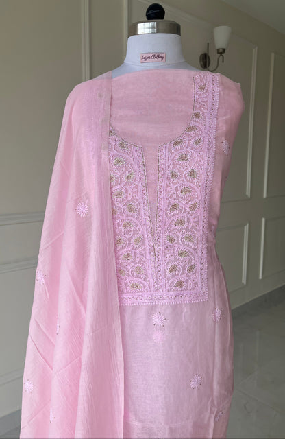 Pink Mukaish Chikankari Suit Set | Mul Chanderi Fabric