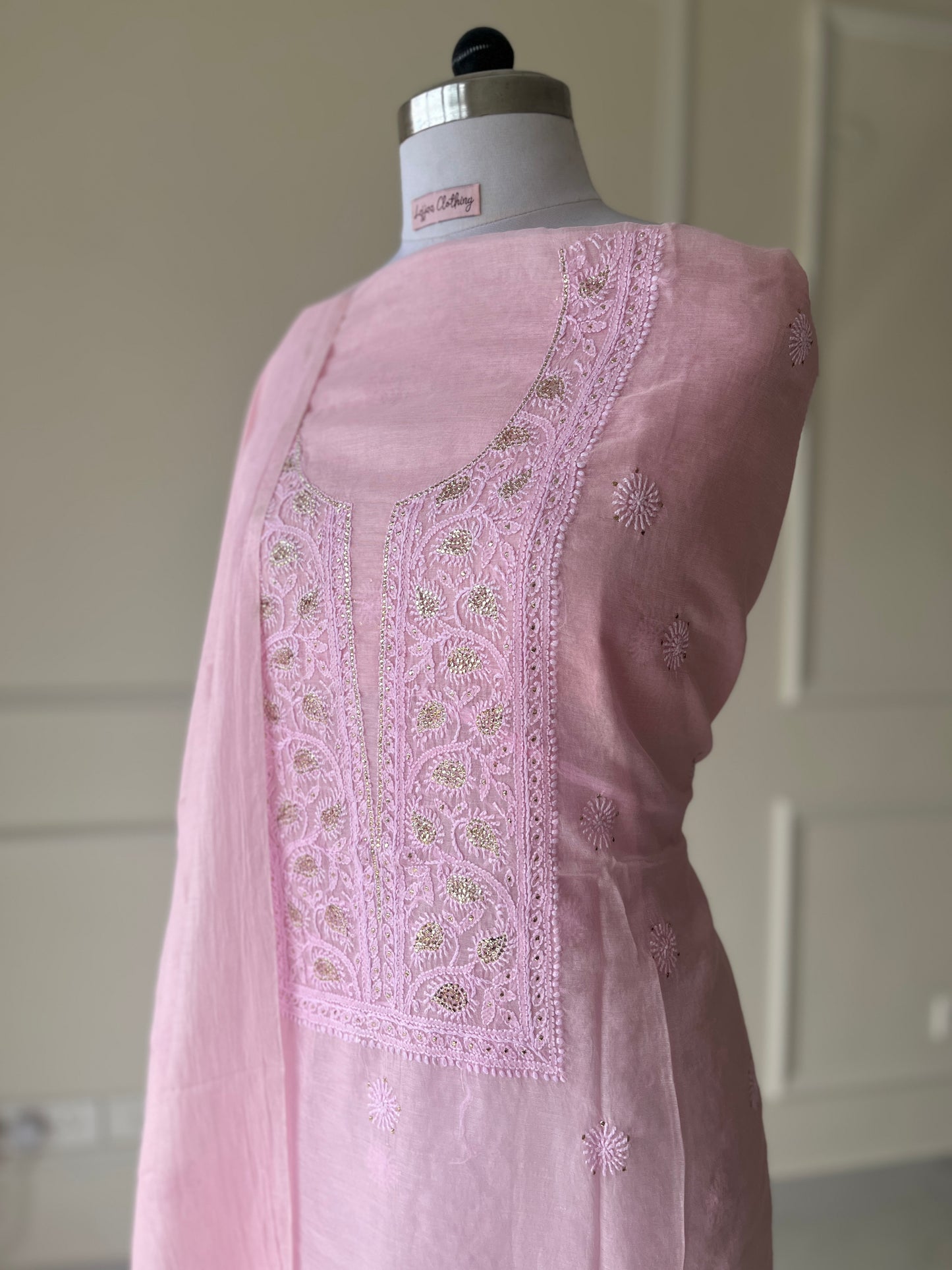 Pink Mukaish Chikankari Suit Set | Mul Chanderi Fabric