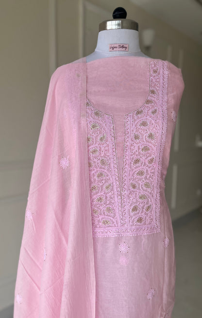 Pink Mukaish Chikankari Suit Set | Mul Chanderi Fabric