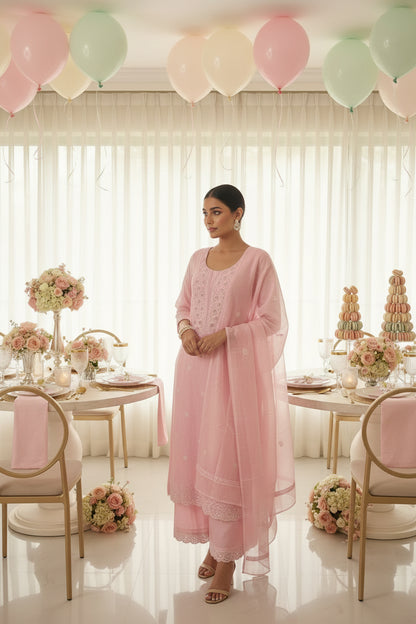 Pink Mukaish Chikankari Suit Set | Mul Chanderi Fabric