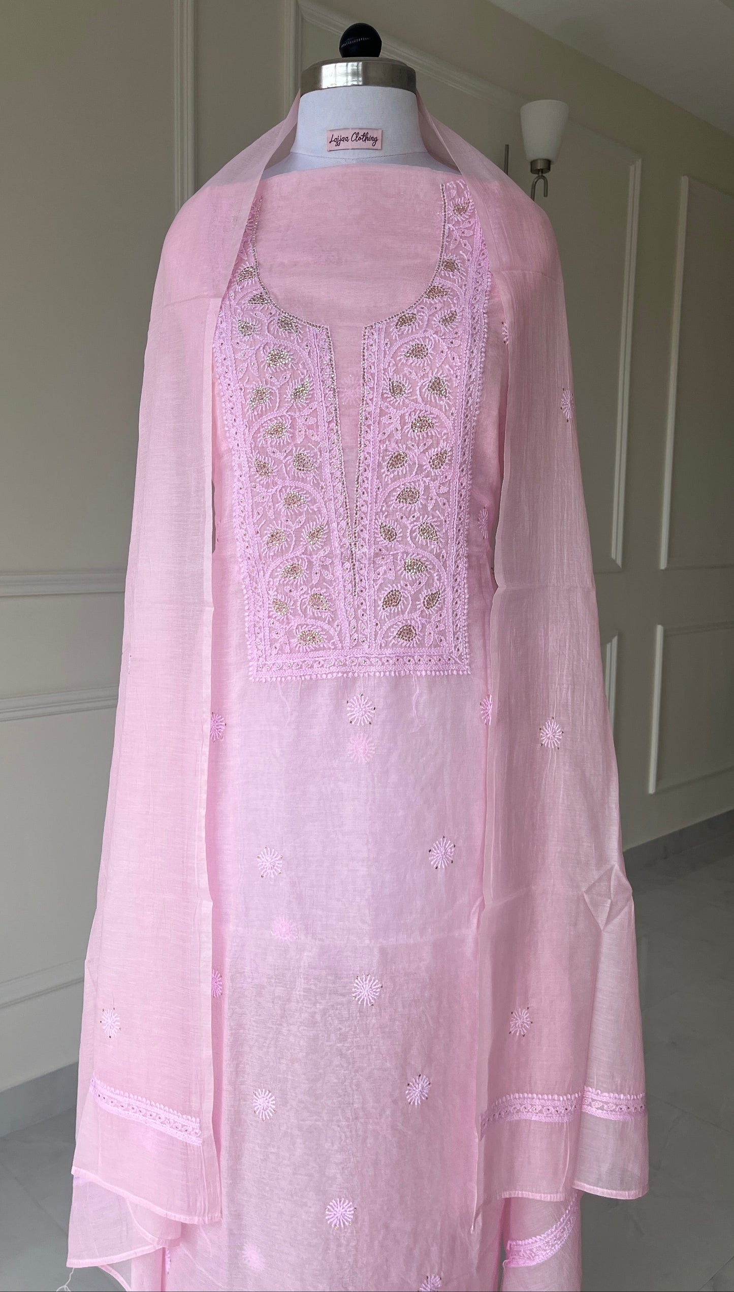 Pink Mukaish Chikankari Suit Set | Mul Chanderi Fabric