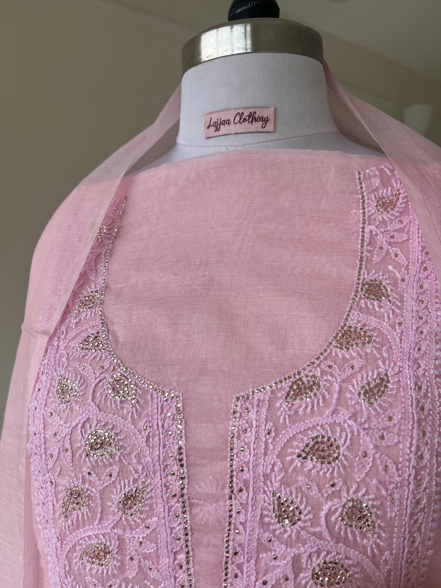 Pink Mukaish Chikankari Suit Set | Mul Chanderi Fabric