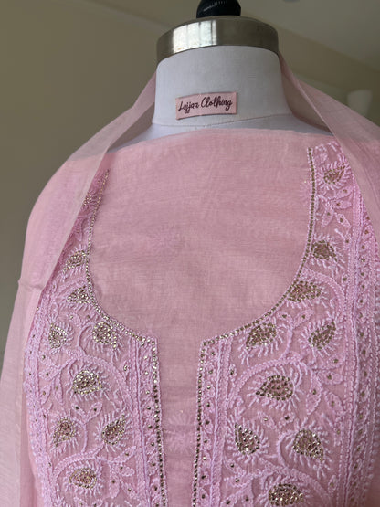 Pink Mukaish Chikankari Suit Set | Mul Chanderi Fabric
