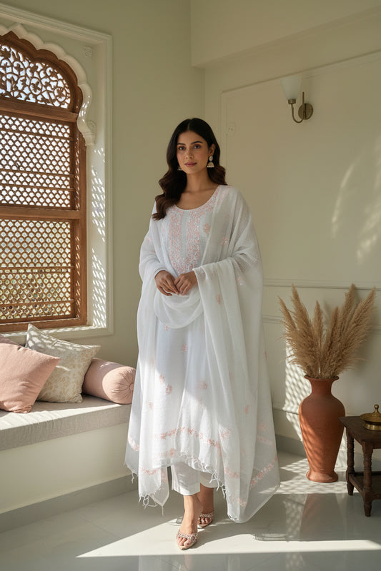Unstitched Chikankari Suit Material – kota doriya  with Hand-embroidered chikankari ghaspatti  stitch in Pastel pink – Lajjaa.
