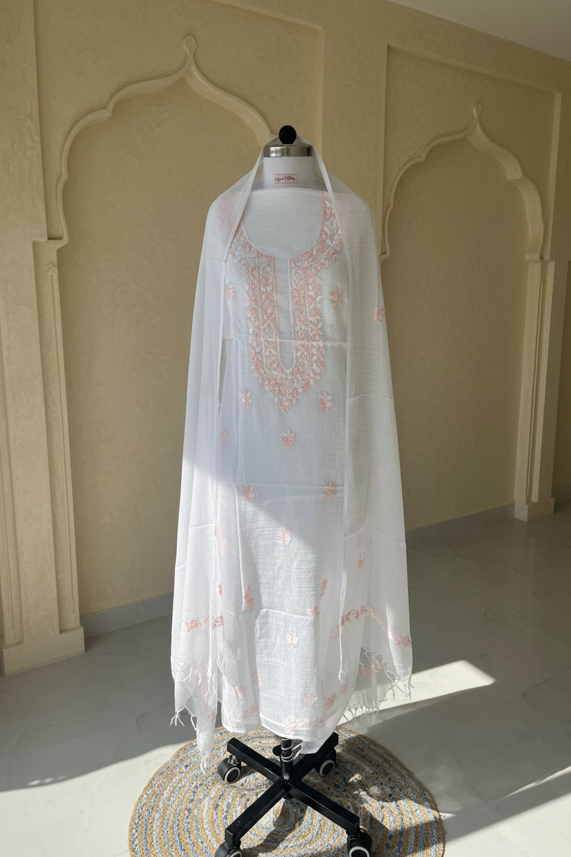 Unstitched Chikankari Suit Material – kota doriya  with Hand-embroidered chikankari ghaspatti  stitch in Pastel pink – Lajjaa.
