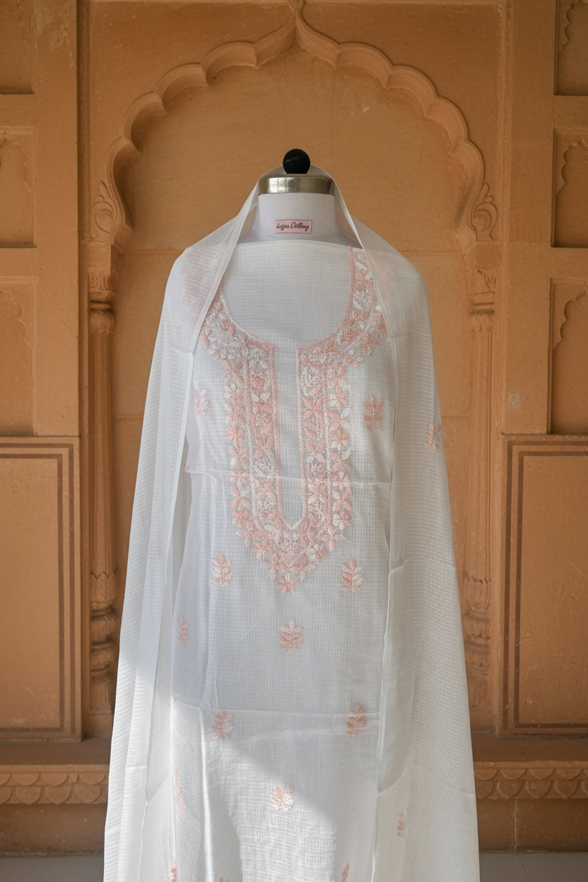 Unstitched Chikankari Suit Material – kota doriya  with Hand-embroidered chikankari ghaspatti  stitch in Pastel pink – Lajjaa.
