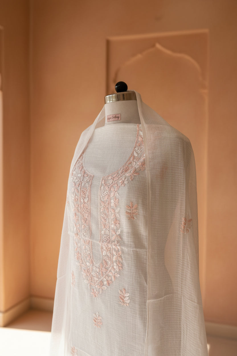 Unstitched Chikankari Suit Material – kota doriya  with Hand-embroidered chikankari ghaspatti  stitch in Pastel pink – Lajjaa.
