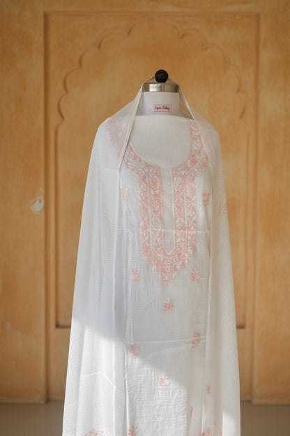 Unstitched Chikankari Suit Material – kota doriya with Hand-embroidered chikankari ghaspatti stitch in Pastel pink – Lajjaa.
