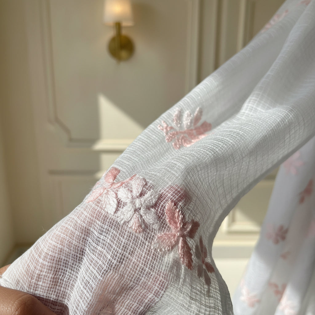 White Light Pink Kota Doriya Chikankari Suit Set