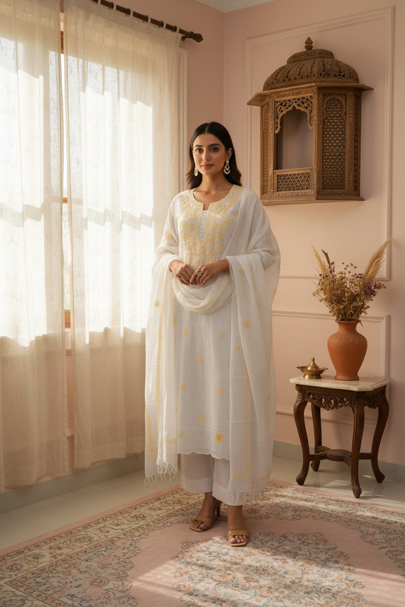 Unstitched Chikankari Suit Material – kota doriya with Hand-embroidered chikankari ghaspatti stitch in Pastel yellow white – Lajjaa.