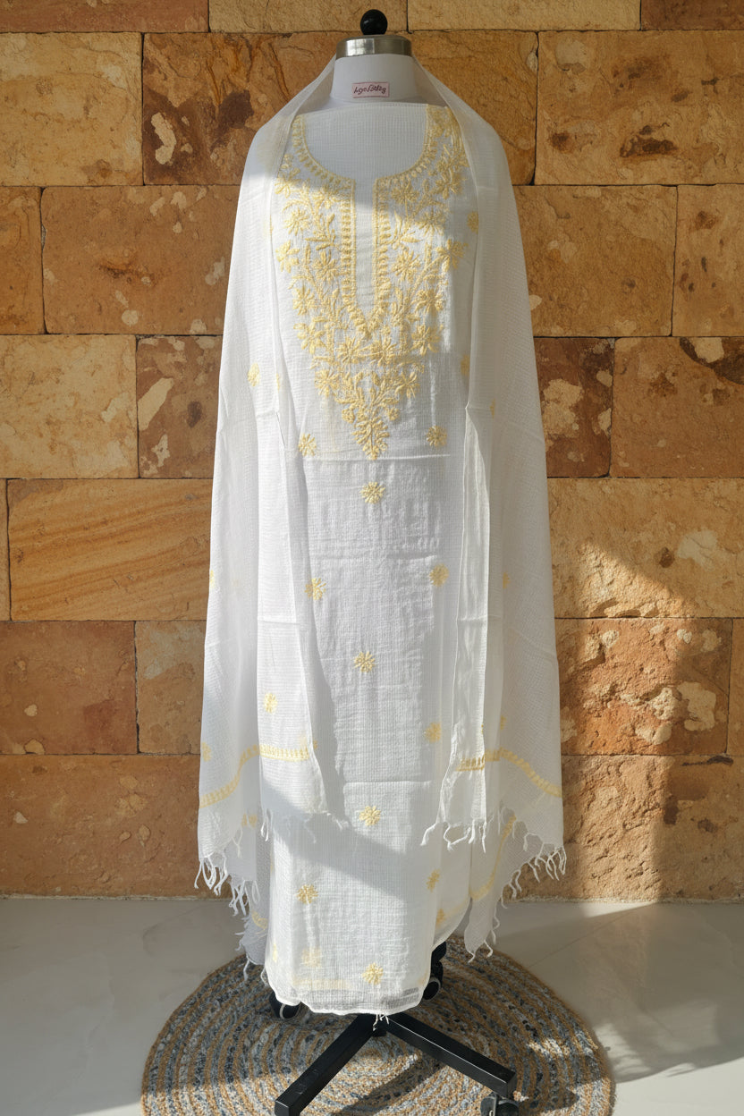 Unstitched Chikankari Suit Material – kota doriya with Hand-embroidered chikankari ghaspatti stitch in Pastel yellow white – Lajjaa.
