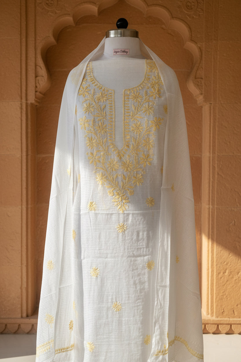 Unstitched Chikankari Suit Material – kota doriya with Hand-embroidered chikankari ghaspatti stitch in Pastel yellow white – Lajjaa.
